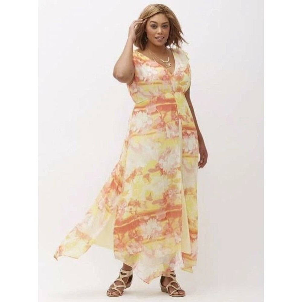 Lane Bryant maxi dress plus Size 18 tropical floral print chiffon beach cruise‎